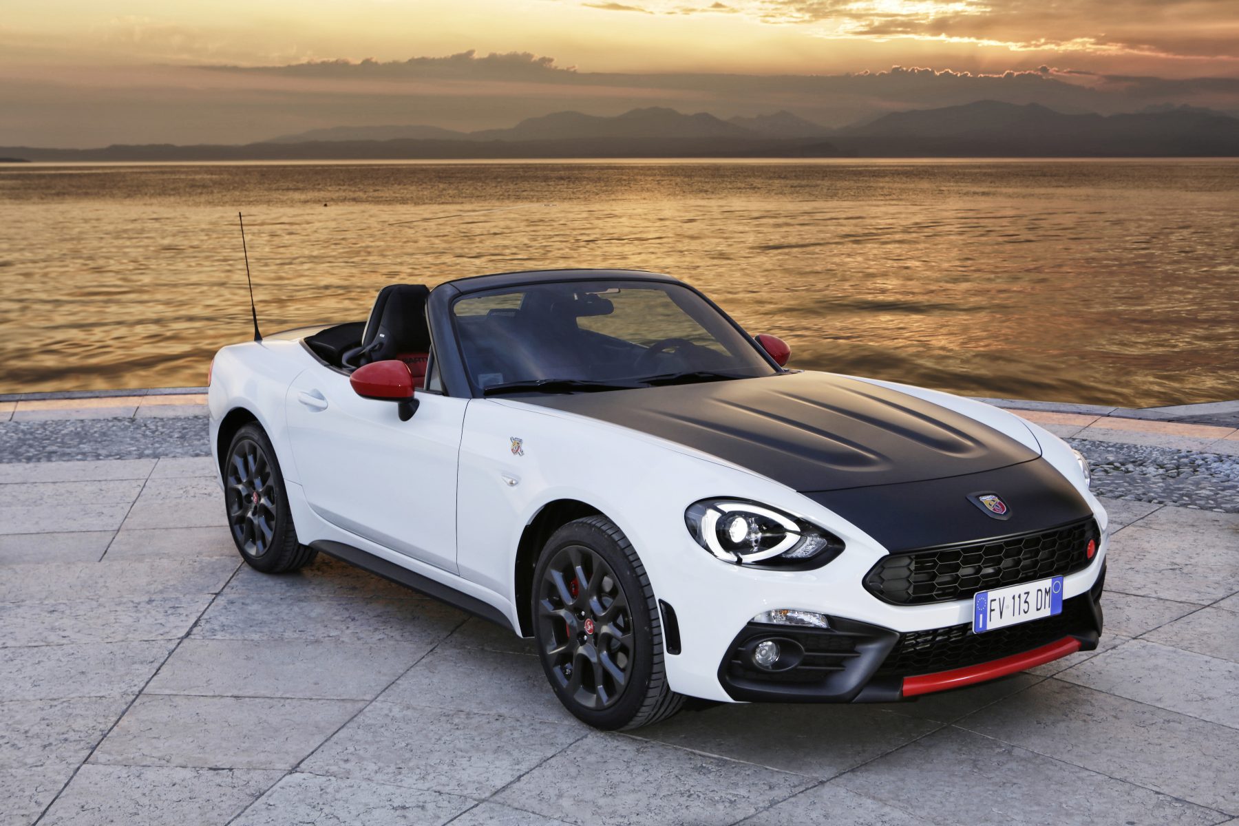 White Abarth 124 Spider with Black bonnet and Red wing mirrors